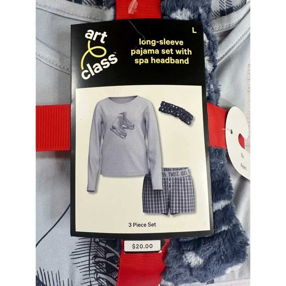 Art Class Girls 3 Pc Pajama Set Ice Skates Long Sleeve Plaid Shorts Blue L 10/12